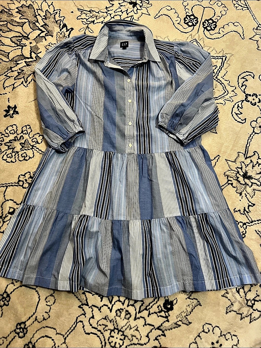 Gap Blue Mixed Stripe Tiered Shirt Dress Blue & White Large